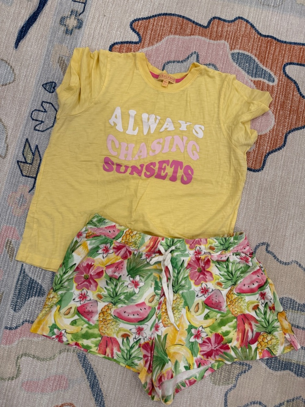 PJ Salvage Yellow "Always Chasing Sunsets" Tee with Tropical Print Shorts